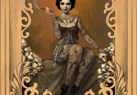 Tattooed Lady - woman, lady, flowers, 1923, fantasy, tattooed