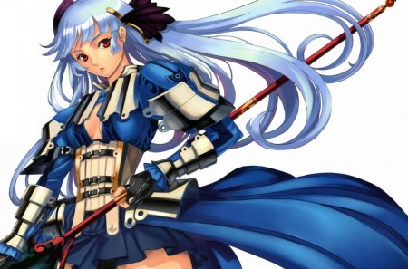 Blue Haired Goddess - spear, long hair, cant think of a fourth, armor, blue