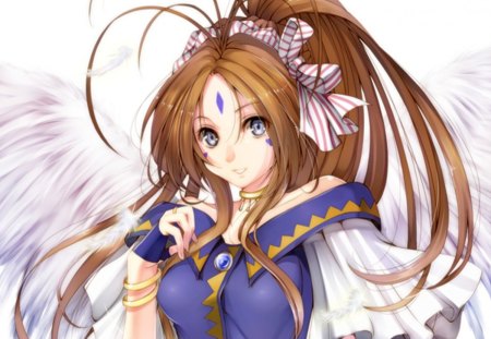 Belldandy - angel, my goddess, wings, anime girl, feather, ribbon, adorable, oh my goddess, blue eyes, long hair, goddess, divine, beautiful, 3d, sweet, dress, happy, nice, realistic, beauty, female, belldandy, brown hair, gorgeous, pretty, anime, cute, drable, ah my goddess, girl, lovely, gown, cg, kawaii, wing, sublime, smile, adore