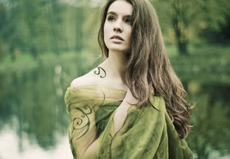 Model - green, model, dress, girl, beauty, tatoo