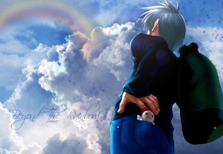 Beyond the rainbow - boy, anime, rainbow, sky