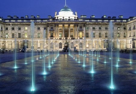 fantastic fountain - cobblestones, fountain, lights, building