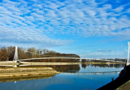 nice pedestrian bridge in scale - bridge, clouds, pedestrian, river