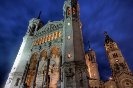 majestic cathedral - night, wallpaper, door, churches, architecture, cathedral, towers, new, lights