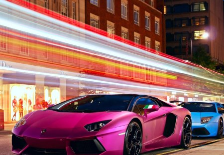 pink and blue lambroghinis in long exposure - long exposure, street, lights, cars