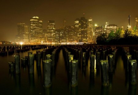 pylons in brooklyn looking at manhattan - pylons, lights, city, night, bay