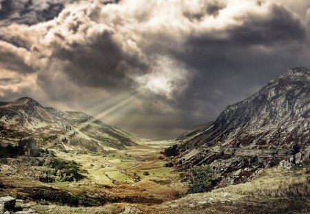 the valley - clouds, sun rays, valley, mountains