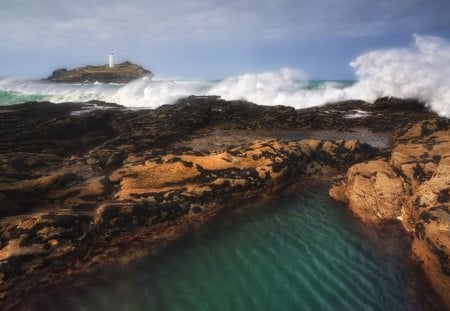 lighthouse on a rock island - lighthouse, waves, island, sea, rocks