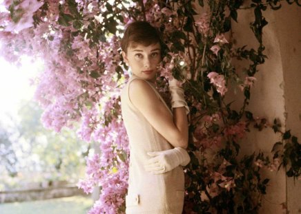 Audrey Hepburn - famous, actress, pretty, beautiful, audrey hepburn, flowers, lovely, short hair