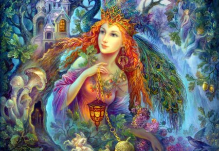 Beautiful Queen - mushrooms, redhead, trees, midnight, fantasy, peacock, horses, queen, art, lantern, castle, luminos, orange, fairies, feather, nadia strelkina, birds, girl, light, blue, fairy