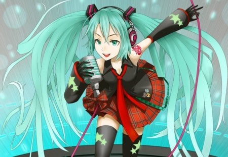 Hatsune Miku - headphone, anime, vocaloid, elegant, divine, female, hatsune miku, green eyes, green hair, long hair, sublime, microphone, happy, gorgeous, superstar, idol, twin tails, anime girl, twintails, beautiful, hot, singer, girl, beauty, smile, miku, diva, cute, sexy, vocaloids