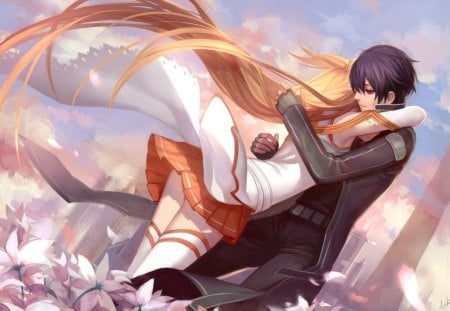 I Love You - lover, anime girl, black hair, kirigaya kazuto, yuuki, orange hair, petals, romance, long hair, kirito, romantic, floral, beautiful, lack hair, hug, beauty, sky, female, armor, sao, pretty, cloud, yuuki asuna, anime, short hair, sword art online, love, male, asuna, girl, couple, kirigaya, braids, boy, blossom, asuna yuuki, flower, kazuto