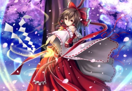 Hakurei Reimu - anime, anime girl, female, magic, girl, shrine maiden, petals, light, fantasy, touhou, cute, ribbon, reimu, hakurei reimu