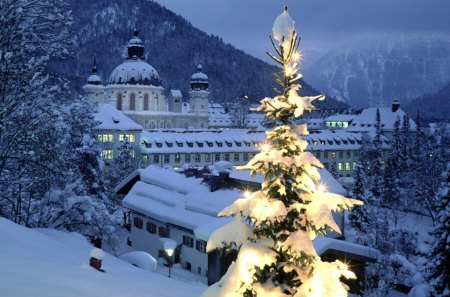 illuminated tree - snow, mountain, tree, lights