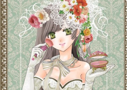 Make Up for Date :) - roses, pretty, female, blossom, maiden, sublime, green eyes, happy, gown, make up, hot, beauty, flower, petals, cute, floral, sexy, anime, elegant, divine, dress, long hair, gorgeous, anime girl, appy, beautiful, girl, lovely, brown hair, sweet, smile, rose, makeup