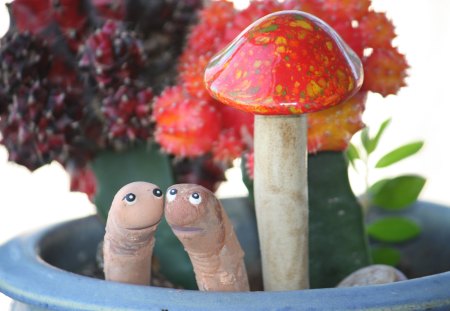 Mr. and Mrs. Worm - worms, mushroom, plants, succulents, ceramic