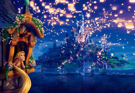 ~Rapunzel's Dream~ - princess, ocean, movie, rapunzel, night, colorful, long hair, castle, beautiful, disney, kingdom, lights