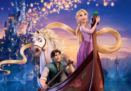 ~Tangled~ - princess, sky, movie, rapunzel, flynn rider, horse, castle, maximus, disney, tangled, kingdom, lights, boat