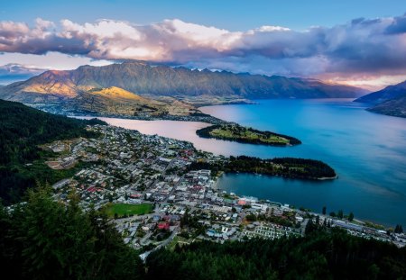 Queenstown, New Zealand - clouds, town, ocean, sunset, landscapr, New Zealand, Queenstown, lake, mountains, sky