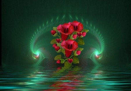 Red flowers - red flower with green leaves, buds, reflection, petals, water