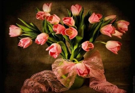 Tulips - pitcher, photography, beauty, romance, photo, love, flower, pink, still life, tulips, floral