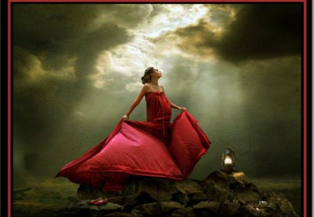 Woman In Red - woman, people, light, red shoes, brown hair, red dress, beautiful, rock, lamp