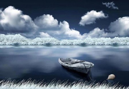 Winter river - sky, lake, clouds, snow, beautiful snowy landscape, winter river, boat