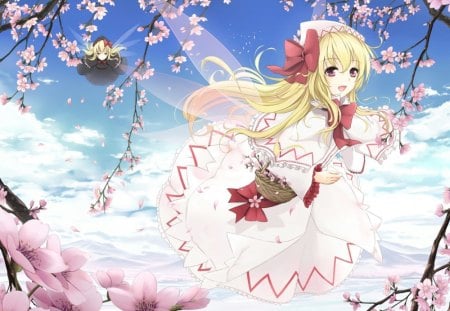 Touhou Fairy - wings, anime girl, spring, cherry blossom, view, blonde hair, petals, sakura blossom, ribbon, scenic, long hair, flying, floral, sakura, pink, beautiful, sweet, fairy, happy, dress, beauty, nice, sky, female, lily white, basket, touhou, lily, pretty, cloud, anime, cute, scene, girl, gown, kawaii, wing, scenery, blossom, smile, lily black, float, flower, blonde