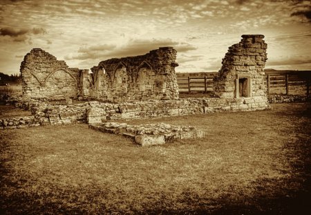 Destructed - house, cloud, grass, sepia