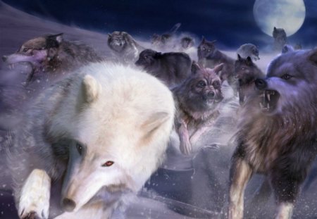 Wolves or... - moon, werewolf, winter, blue, wolf, run, dog, night, red eyes, fur, fantasy, white, animal, painting, pursuit, art