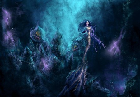 Mermaid - water, blue, girl, pink, tail, aqua, fantasy, purple, mermaid, underwater, woman