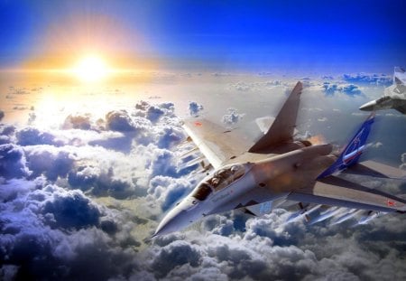 FIGHTER AIRCRAFTS - fighter, sunshine, aircrafts, clouds