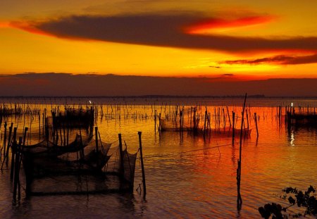 DUSK at FISHING SPOT - nature, fishing, net, sunset, sea, dusk