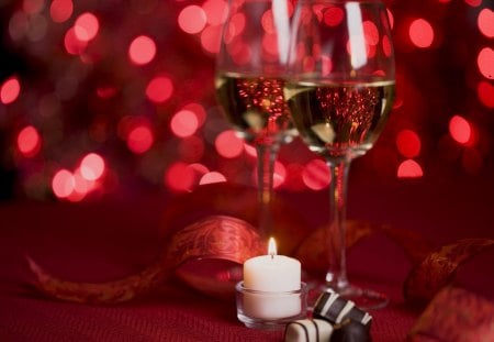 Romance - bokeh, champagne, red, valentines day, chocolate, with love