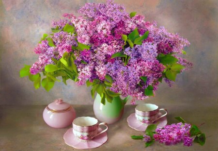 Still life - pretty, coffee, beautiful, fragrance, lilac, tea, lovely, freshness, still life, tea time, flowers, fresh, scent, nice, cup