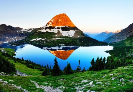 Mountain peak reflection - nice, sky, water, greenery, clear, mirrored, calm, pretty, reflection, river, green, pond, grass, lake, summer, lovely, peaks, serenity, nature, glow, beautiful