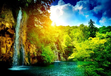 Waterfall in deep forest - sky, sun, water, waterfall, shine, rocks, fall, reflection, clouds, sunny, rays, falling, sunlight, light, deep, summer, exotic, nature, forest