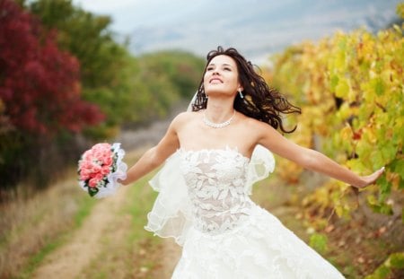 Beautiful Day - woman, beauty, wedding, autumn, girl, photography, bride, bouquet, road, beautiful, brunette