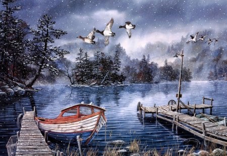 snow falling on the lake - duck, lake, boat, snow