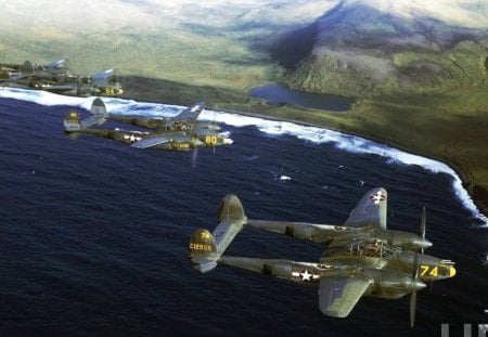 P-38s Flying over the Aleutians, 1944 - ww ii, military history, alaska, history