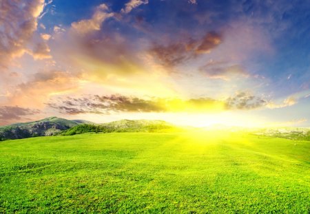 The rays of the Sun - rays, mountain, cloud, sun, meadow