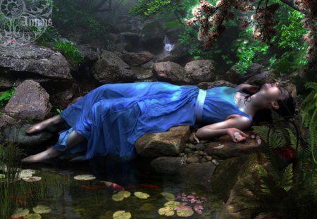 Asleep - fantasy, lady, blue, asleep