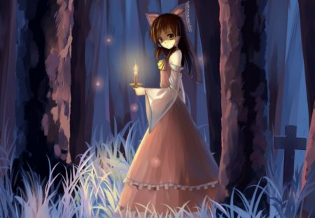 Night at the Forest - anime, female, dress, grass, night, forest, light, plant, long hair, touhou, fire, ribbon, reimu, sparks, hakurei reimu, woods, brown eyes, anime girl, girl, flame, brown hair, tree, cute