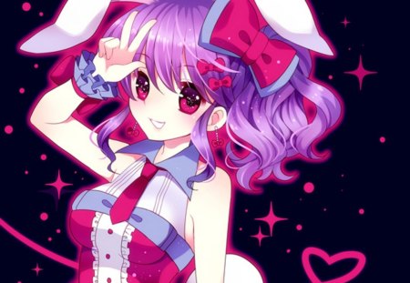 Usa_Chan - female, anime girl, bunny, black, red eyes, purple, dark, anime, ribbon, usa, cute, short hair, adorable, girl, usamimi, purple hair, ears, kawaii, red, usa mimi, smile, happy, adore