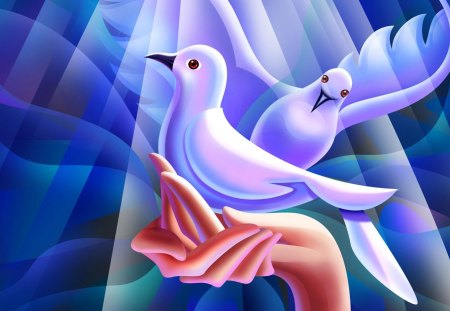 Doves of hope - beam, hands, pigeon, hope, blue, dove