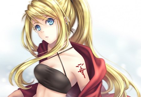 Winry Rockbell - pretty, winry rockbell, anime, elegant, female, maiden, blonde, long hair, gorgeous, fma, alchemist, winry, fullmetal alchemist, blue eyes, full metal alchemist, tattoo, anime girl, beautiful, hot, girl, blonde hair, beauty, lovely, sweet, lady, rockbell, cute, fullmetal, sexy