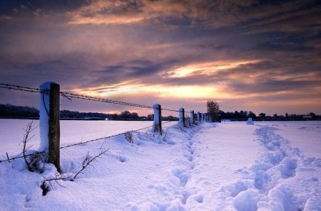 Winter Landscape - clouds, snow, fence, sun, sky, footsteps