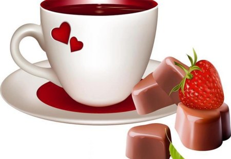 Good Morning - coffee, strawberry, red heart, breakfast, chocolate, cup