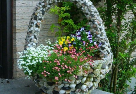 Floral basket - colorful pebbles, flower, colorful flowers, basket, still life, petal