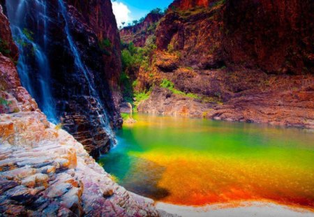 Beautiful waterfall - beautiful natural phenomenon, beautiful colors, water, lights, rock, color, beautiful waterfall